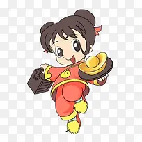 卡通手拿金元宝的女富豪PNG
