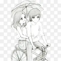 情侣撑伞骑单车简笔画图案