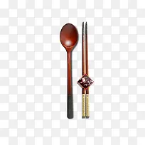木质深红勺子筷子立体装饰素材