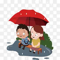 下雨天共同撑伞的小情侣