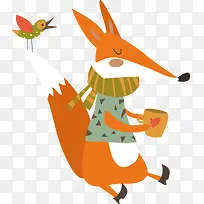 彩色狐狸喝水森林动物卡通插画素