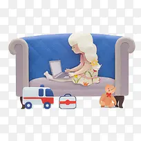 座位沙发上看电脑的小女孩