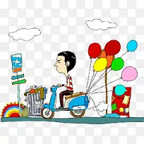矢量图骑着绑着彩色气球的电动车