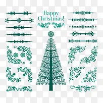 绿色花纹圣诞树与花边矢量素材