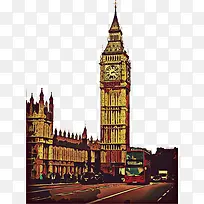 英国建筑钟楼手绘水彩画图