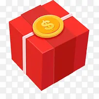 大红色正方体礼物盒上的金币