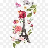 矢量梦幻巴黎铁塔和玫瑰花