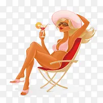 喝饮料坐在沙滩椅比基尼女郎