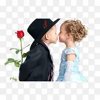 小男孩手持玫瑰吻小女孩png素材