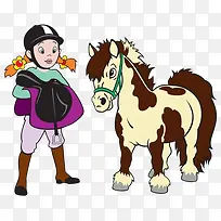 卡通手绘小女孩与马的简笔画