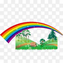 彩虹丛林草地树木卡通促销素材