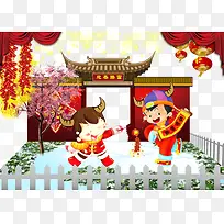 中国风福娃春节放鞭炮素材背景