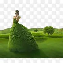 绿色植物为连衣裙的女子