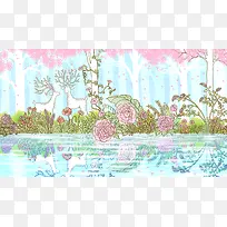 梦幻湖边森林麋鹿花朵海报背景