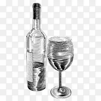 葡萄酒瓶酒杯插画矢量素描图案