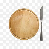 棕色木质纹理木圆盘和刀叉实物