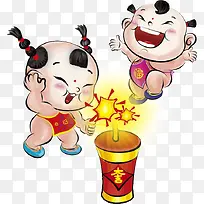手绘小孩放炮仗