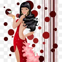 喝红酒穿礼服的性感美女插画