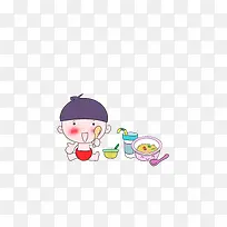 拿着饭勺吃饭的小孩
