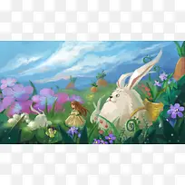 梦幻平原上的兔子和女孩海报背景