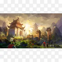 游戏场景环境渲染黄色光效城堡建筑