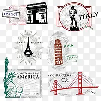 彩色卡通美国元素邮票图形