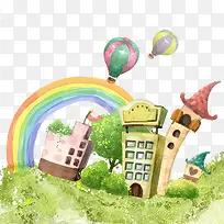热气球彩虹手绘居民区