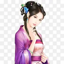 古代紫衣女子长发头饰蓝花素材人物图片