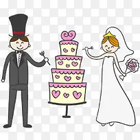 卡通新娘新郎与婚礼蛋糕矢量素材