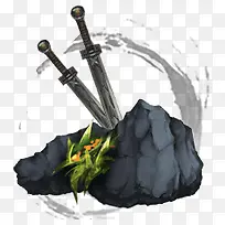 插剑的黑色岩石手绘海报背景