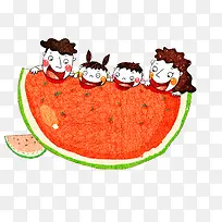 手绘装饰插图夏天吃西瓜的一家人