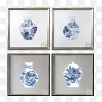 中式白钢框青花瓷瓶剪影方形壁画