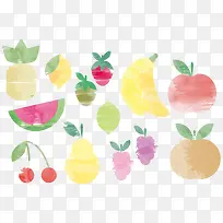 矢量图水墨水彩苹果西瓜菠萝