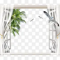 窗户海鸥椰子树