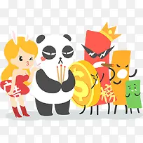 熊猫烧香金币红包女孩卡通