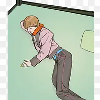 漫画风枕着胳膊睡在地板的女孩