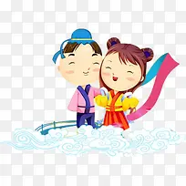 手绘效果相亲相爱的牛郎和织女