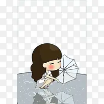 可爱卡通小女孩淋雨插画
