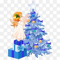 踩着礼物触碰圣诞树的天使