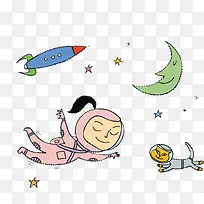 太空插画 航天 飞船 月亮 猫 星星