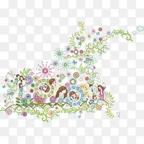 手绘创意家人装饰春天