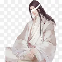 蒙眼睛的白衣美男古风手绘