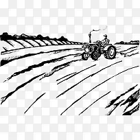 黑白插图拖拉机农地耕种