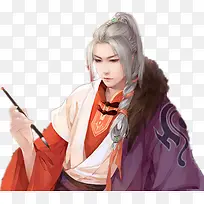 毛笔银发古装手绘男子