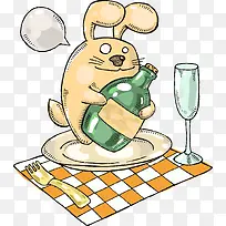卡通铅笔画兔子与酒