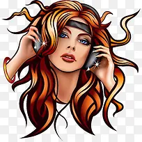 卡通听耳机的美女矢量
