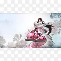 手绘古风弹琴美女游戏