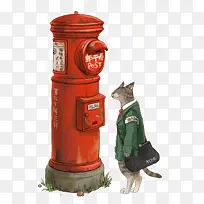 绿色猫咪邮差红色邮筒