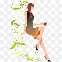 卡通手绘长发喝咖啡美女