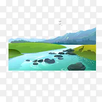 矢量卡通手绘高山流水靓丽景色